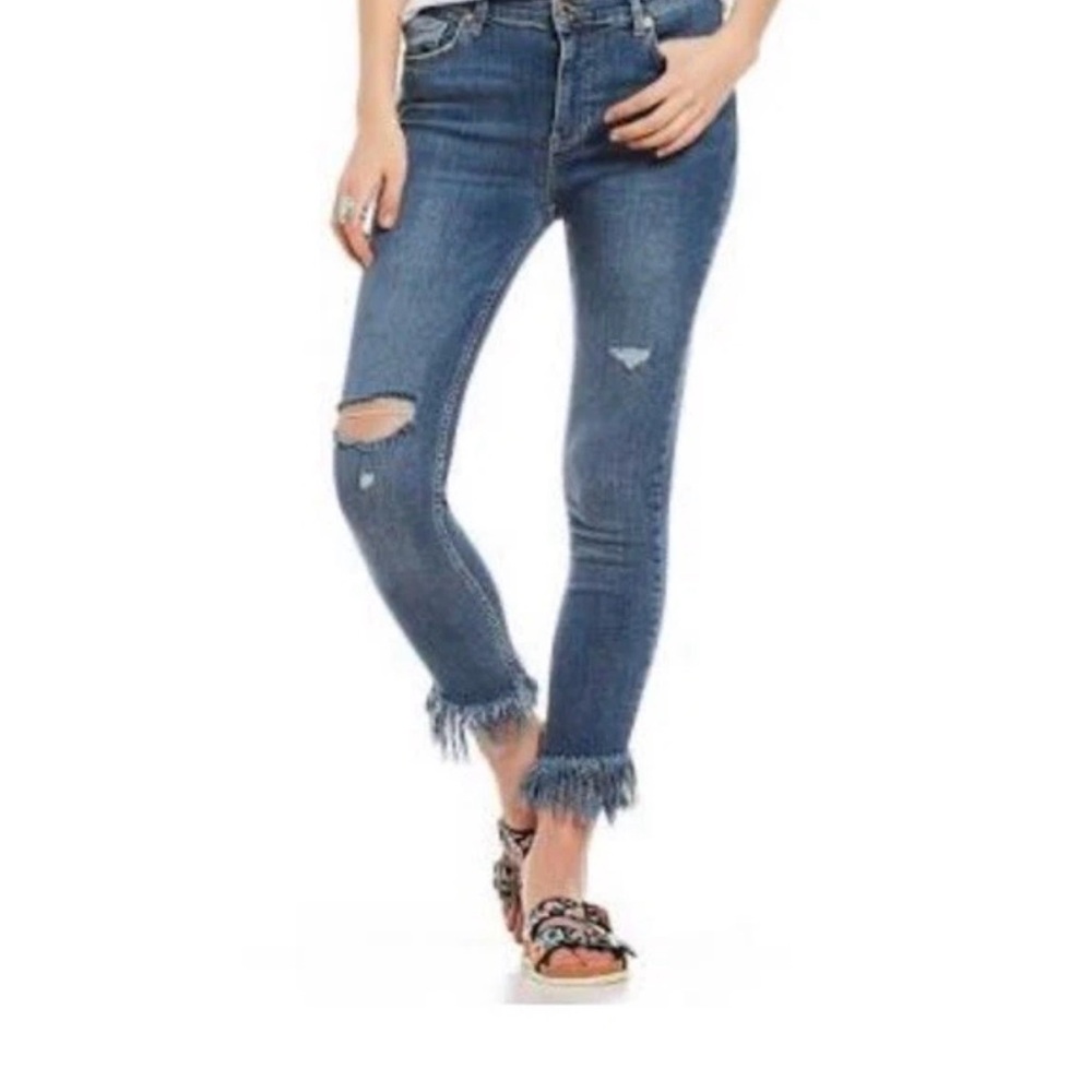 Free People Blue Frayed Hem Cropped Jeans